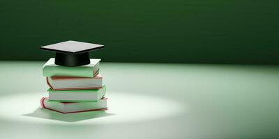 3D render illustration of academic cap on stack of books. Cartoon style photo