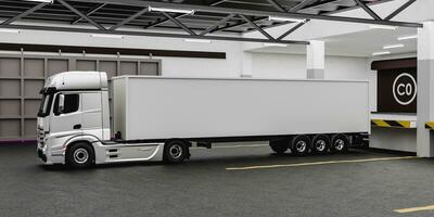Modern truck with white trailer in warehouse photo