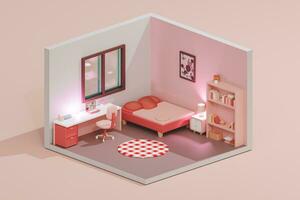 3D render low poly of modern bedroom with glowing lamps and pink color, isometric view photo