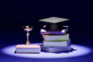 3D render illustration of academic cap placed on books photo