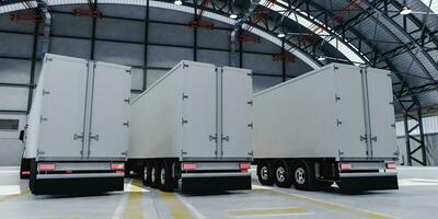 3D modern trucks parked in spacious warehouse photo