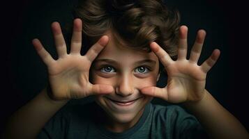 Little boy shows the palms of his hands created with Generative Al technology photo