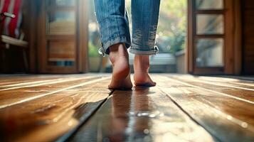 muchachas pies en el antecedentes de el de madera piso creado con generativo Alabama tecnología foto