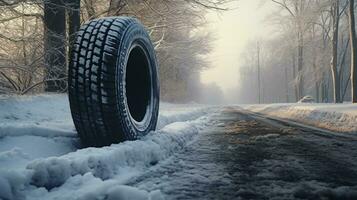 Winter tires on snowy road. wide car tire banner for business, created with Generative Al technology photo