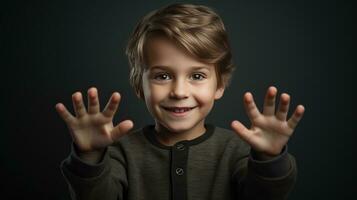 Little boy shows the palms of his hands created with Generative Al technology photo