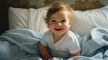 Happy smiling baby lies on the bed created with Generative Al technology. photo