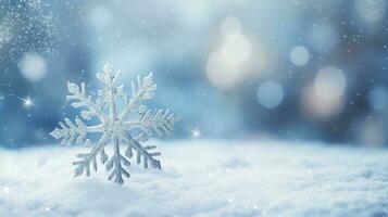 Snow background. Close-up of snowflake on white snow. created with Generative Al technology photo