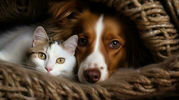 Dog and cat under a plaid. Pet warms under a blanket in cold autumn weather created with Generative Al technology photo