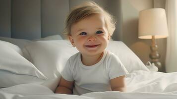 Happy smiling baby lies on the bed created with Generative Al technology. photo