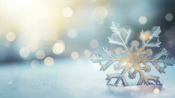 Snow background. Close-up of snowflake on white snow. created with Generative Al technology photo