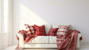 Sofa with red soft pillows and warm plaids created with Generative Al technology photo