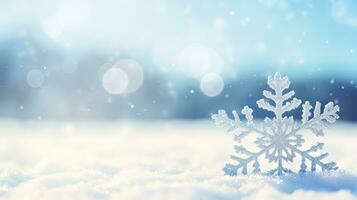 Snow background. Close-up of snowflake on white snow. created with Generative Al technology photo