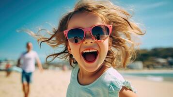 Adorable happy smiling little girl on beach vacation created with Generative Al technology. photo