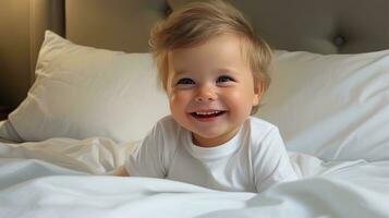 Happy smiling baby lies on the bed created with Generative Al technology. photo