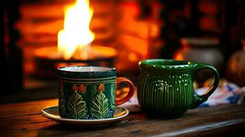 Mug with hot tea standing on a table with woolen blanket in a cozy living room with fireplace. Cozy winter day. created with Generative Al technology photo