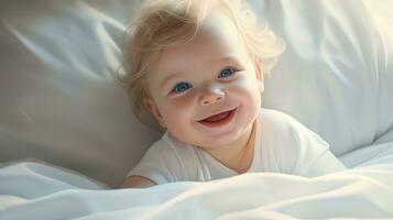 Happy smiling baby lies on the bed created with Generative Al technology. photo