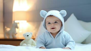 linda pequeño bebé, relajante en cama después baño, sonriente felizmente creado con generativo Alabama tecnología. foto