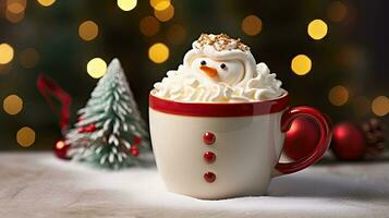 Hot drink with marshmallows and candy cane in red mug. Fir cones, spices in the background. Cozy seasonal holidays created with Generative Al technology photo