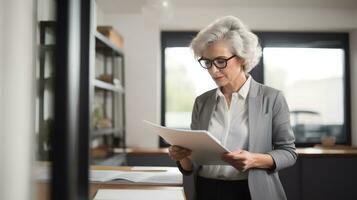 Elderly business woman holding accounting bookkeeping documents created with Generative Al technology photo