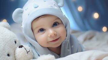 linda pequeño bebé, relajante en cama después baño, sonriente felizmente creado con generativo Alabama tecnología. foto