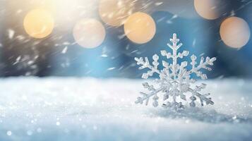 Snow background. Close-up of snowflake on white snow. created with Generative Al technology photo