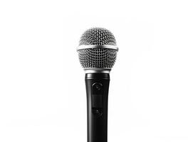 Close up of high quality dynamic microphone connect with male connector and cable isolated on white background,top view. created with Generative AI technology photo