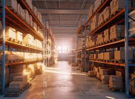 Rows of shelves with boxes. Interior of warehouse. created with Generative AI technology photo