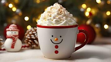 Hot drink with marshmallows and candy cane in red mug. Fir cones, spices in the background. Cozy seasonal holidays created with Generative Al technology photo