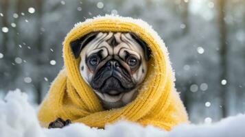 Pug dog under a yellow blanket. Energy crisis concept, Concept of heating season created with Generative Al technology photo