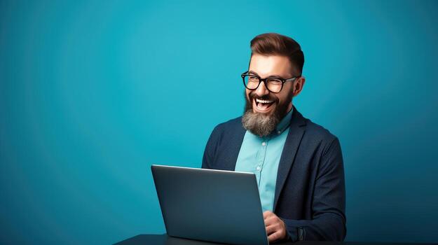 Modern Office Portrait of a Smiling Businessman with a beard holding a laptop created with Generative Al technology photo