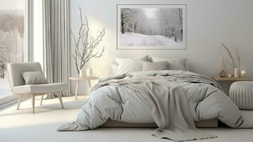 Double bed in the bright bedroom room interior furnishing furniture created with Generative Al technology photo