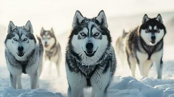 Sled dog Siberian husky is driving a sled through a winter snow-covered forest created with Generative Al technology photo