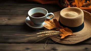 otoño acogedor composición con gris suave tartán y taza de café. creado con generativo Alabama tecnología foto