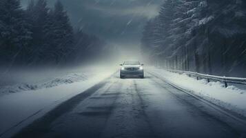 The car is driving forest during a strong snowstorm. created with Generative Al technology photo