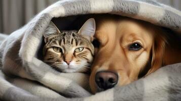 Dog and cat under a plaid. Pet warms under a blanket in cold autumn weather created with Generative Al technology photo