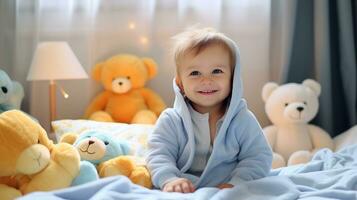 linda pequeño bebé, relajante en cama después baño, sonriente felizmente creado con generativo Alabama tecnología. foto