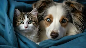 Dog and cat under a plaid. Pet warms under a blanket in cold autumn weather created with Generative Al technology photo