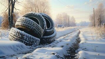 Winter tires on snowy road. wide car tire banner for business, created with Generative Al technology photo