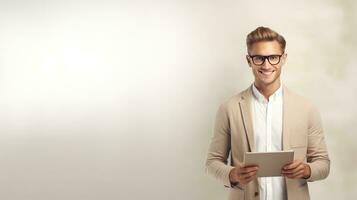 Happy Young Man Holding Digital Tablet created with Generative Al technology photo