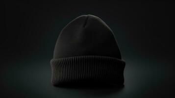 Black men's knitted hat isolated on black background. created with Generative Al technology photo