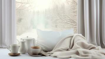 caliente café jarra con tartán a vaso ventana en calentar y acogedor hogar con hermosa paisaje escena de nieve que cae afuera. creado con generativo Alabama tecnología foto