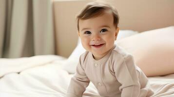 Happy smiling baby lies on the bed created with Generative Al technology. photo