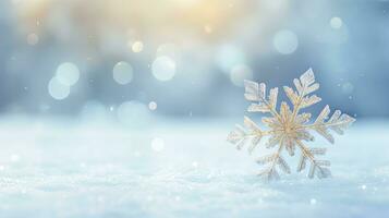Snow background. Close-up of snowflake on white snow. created with Generative Al technology photo