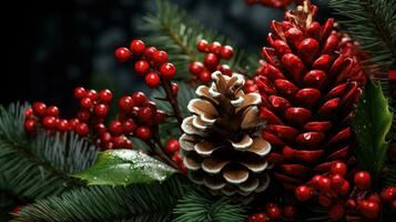 Fir branch with cones and berries created with Generative Al technology photo