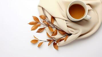 Autumn still life flat lay with cup of coffee, and plaid on white background. Fall decoration for Thanksgiving day. created with Generative Al technology photo