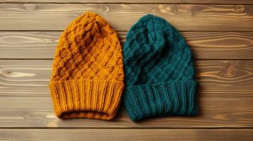 Orange and blue knitted hats for the cold seasons. maple leaves and warm clothes. created with Generative Al technology photo