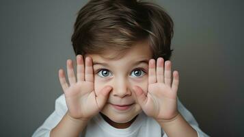 Little boy shows the palms of his hands created with Generative Al technology photo