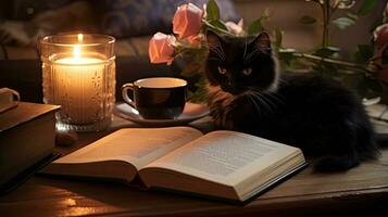 Burning candle and open paper book, cup of kofk Cozy atmosphere concept. good morning. created with Generative Al technology photo