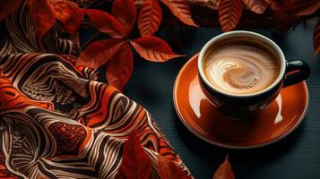 Autumn cozy composition with gray soft plaid and cup of coffee. created with Generative Al technology photo