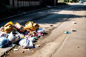 Realistic photo of rubbish garbage spreading on the street, AI generative